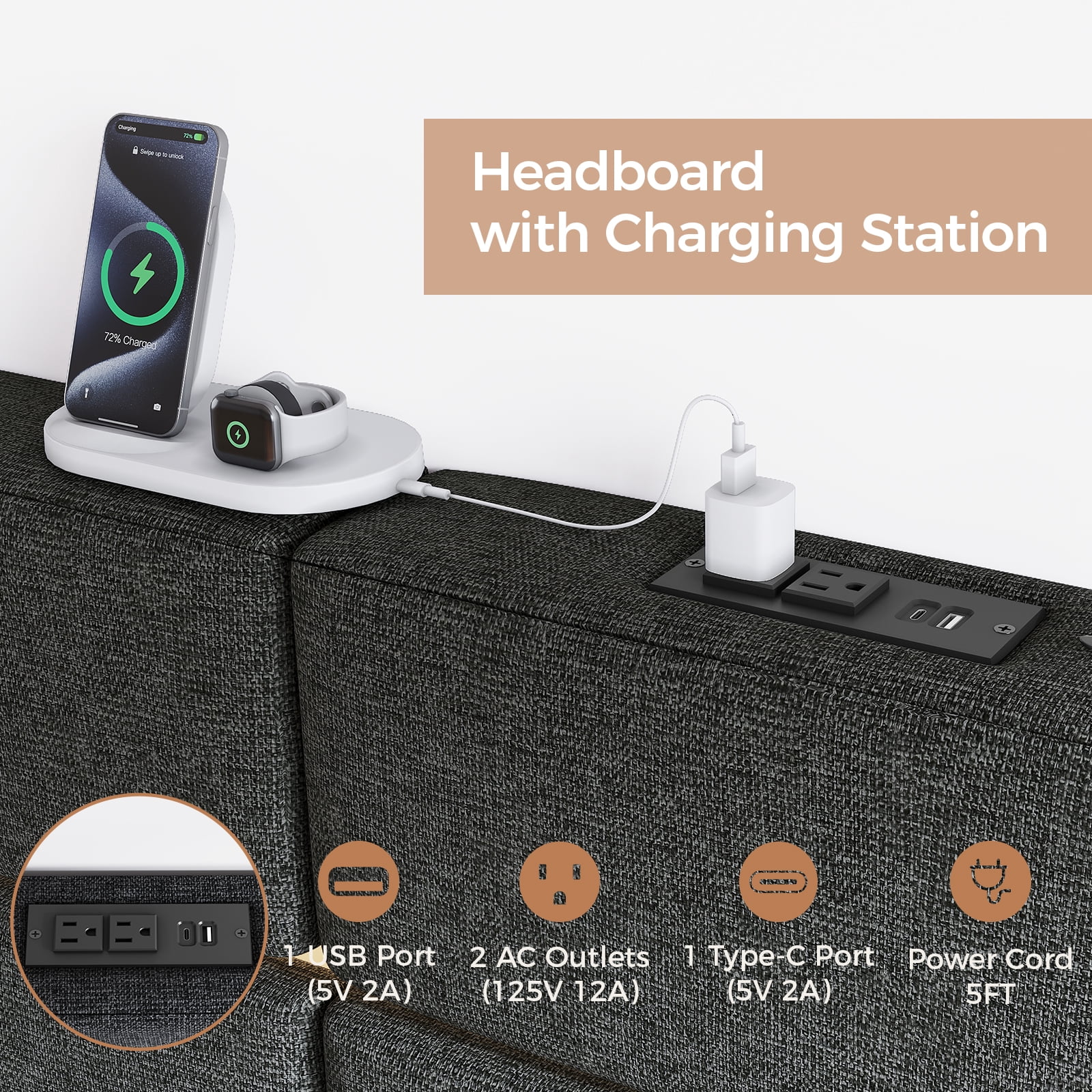 Adjustable Upholstered Headboard for King/California King, RGB LED, Charging Station, Dark Grey
