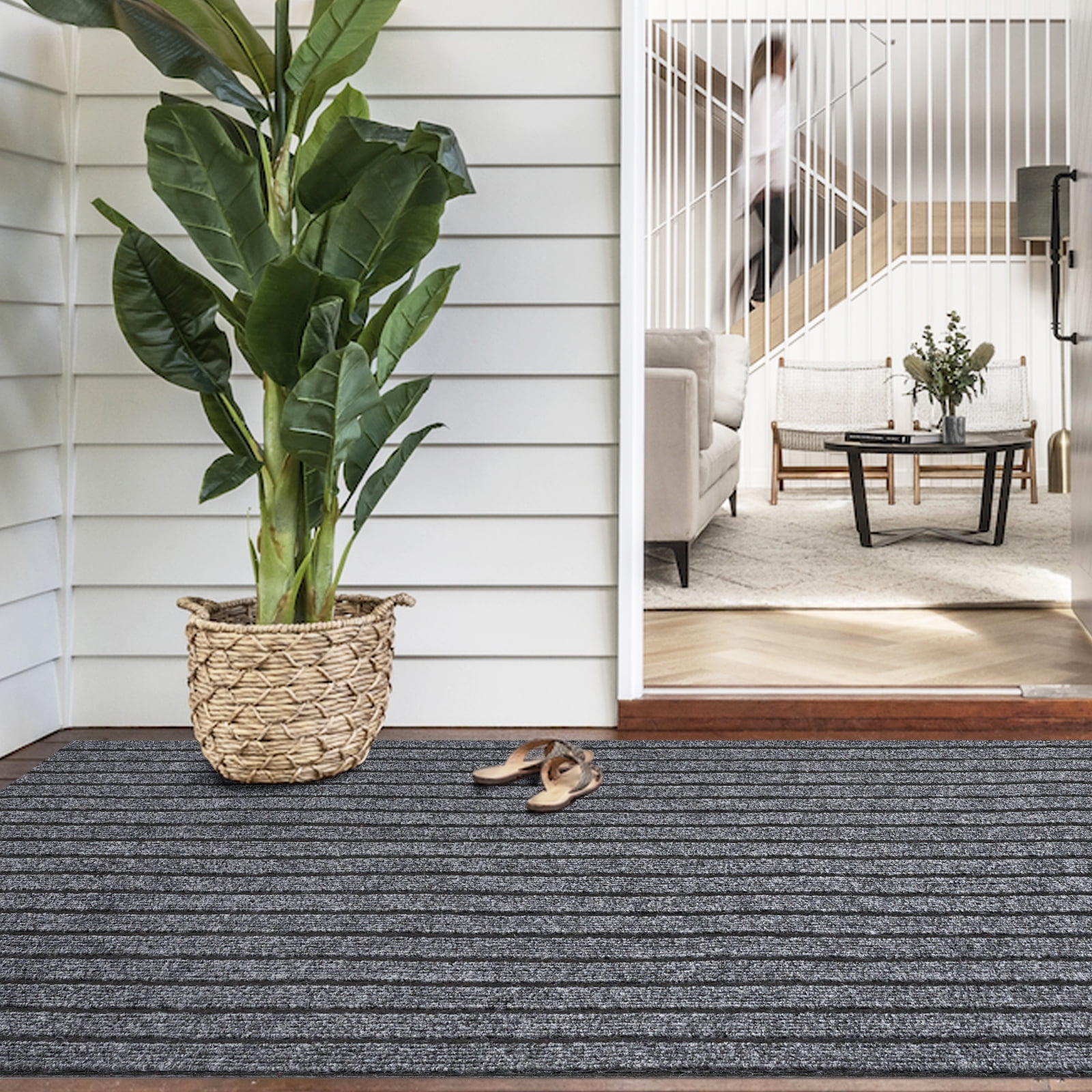 BESTVUE Runner Rug Outdoor Non Slips Carpet Runners Indoor Utility Area Rugs Mat for Kitchen Hallway Entryway Garage with Rubber Backing Striped Grey 2ft x 6ft
