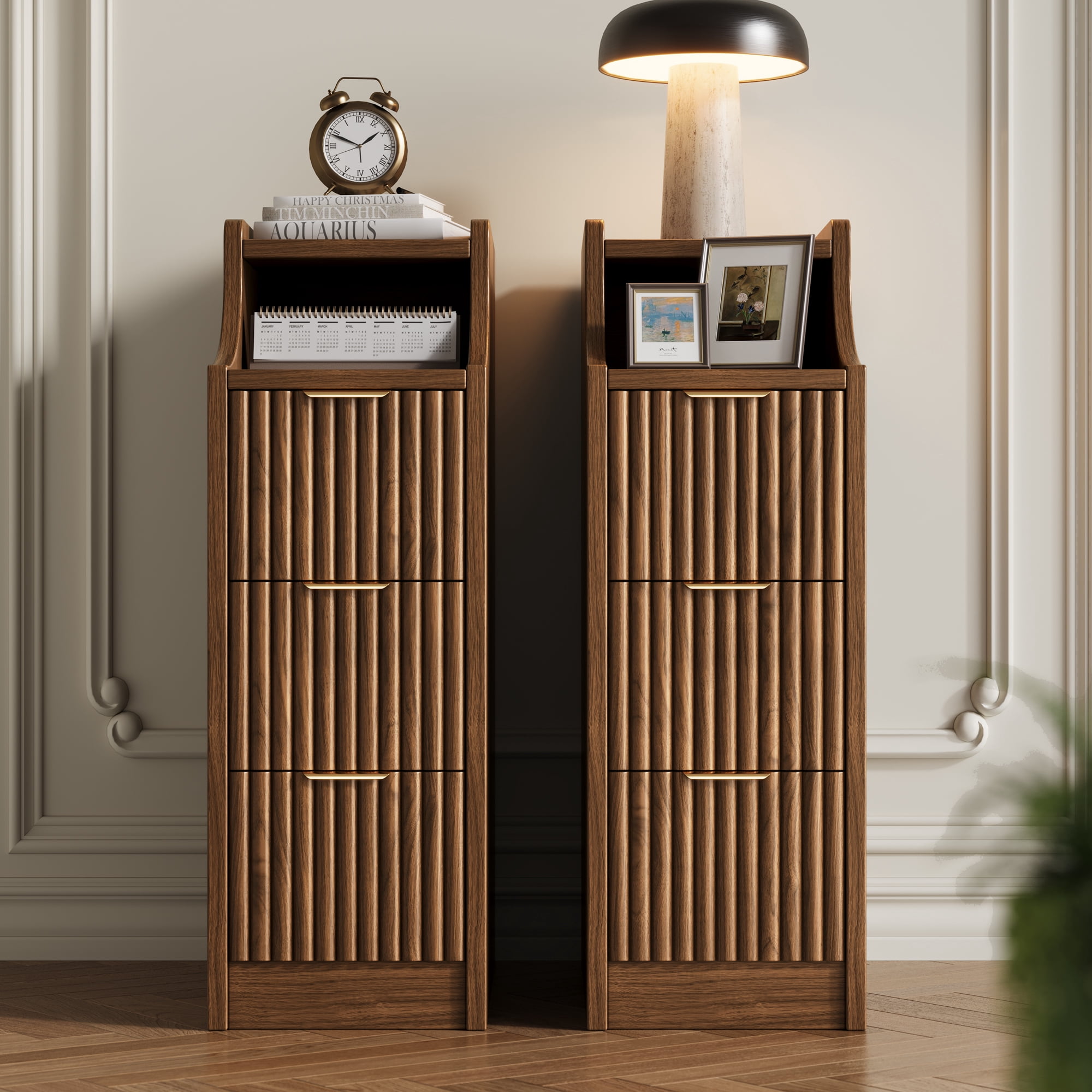 UGTOO Walnut Nightstand Pair – Slim 3-Drawer Bedside Tables with Open Compartment, Gold Accents (15.7"W x 23.6"H)