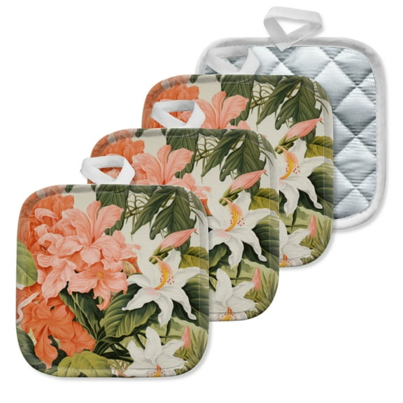 4 Pack Pot Holders,Kitchen Essential, Potholder Set,Floral Pattern With Pink And White Flowers