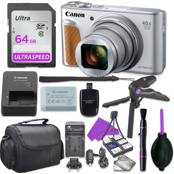 Canon PowerShot SX740 Digital Camera Bundle (Silver) with Tripod Hand Grip , 64GB SD Memory , Case and More (International Version)