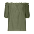 thumbnail image 4 of Deals Linen Off The Shoulder Tops for Women Shirred Neck Half Sleeve Shirts Cotton Linen Beach Tops Flowy Relaxed Tunics Blouses Summer Going Out Beach Vacation Clothes, 4 of 6