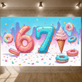 thumbnail image 4 of Vibrant Color Donut Themed Banner Pink & Blue Tone Backdrop 3D Number Design Multi-color Donuts Display for 67th Birthday Party Adult Celebration Indoor Event, 4 of 8