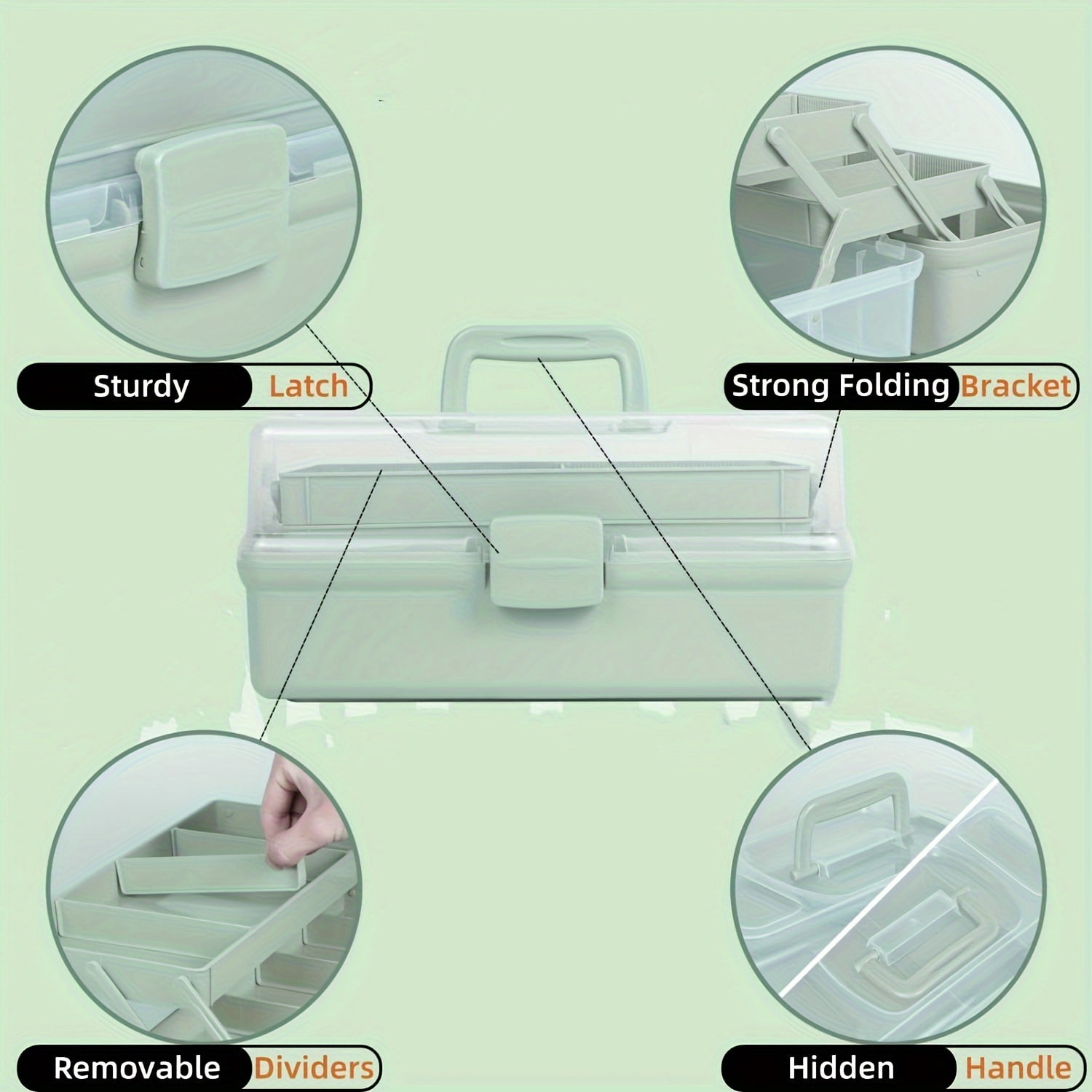 General 3-Layer Multifunctional Craft Storage Box with Adjustable Dividers, Portable Foldable Storage Bin for Art Supplies Tools Medicine, Durable Plastic, Pink/Green/White