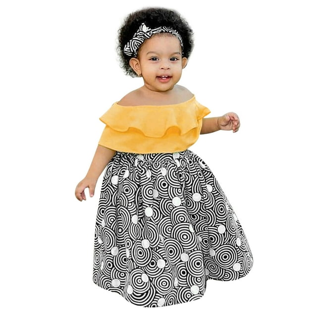 Gibobby mini faldas de mujer Vestidos africanos Conjunto de hombros Camisa 04 Diadema para niños pequeños Falda Niñas Tops Volantes de Ankara Años fuera Estilo infantil Trajes(Amarillo, 3-4 Años)