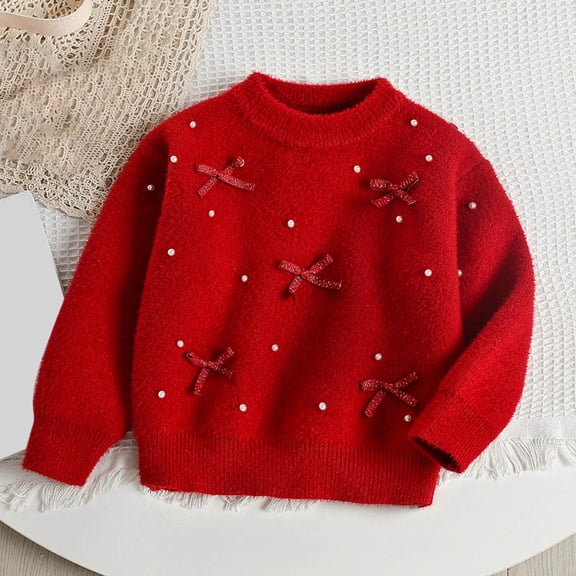 SGFCWSX Girls Knit Sweater Pullover Bow Pearl Beaded Crewneck Ribbed Trim Soft Cozy Warm Winter Top Red Size 3T