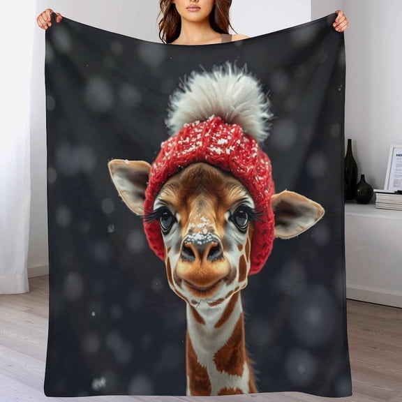GXFC Cute Giraffe in Santa Hat blanket, comfortable and soft, warm casual blanket, printed design, winter sofa dormitory home decoration, must-have travel product. Size is 30x40 inches.