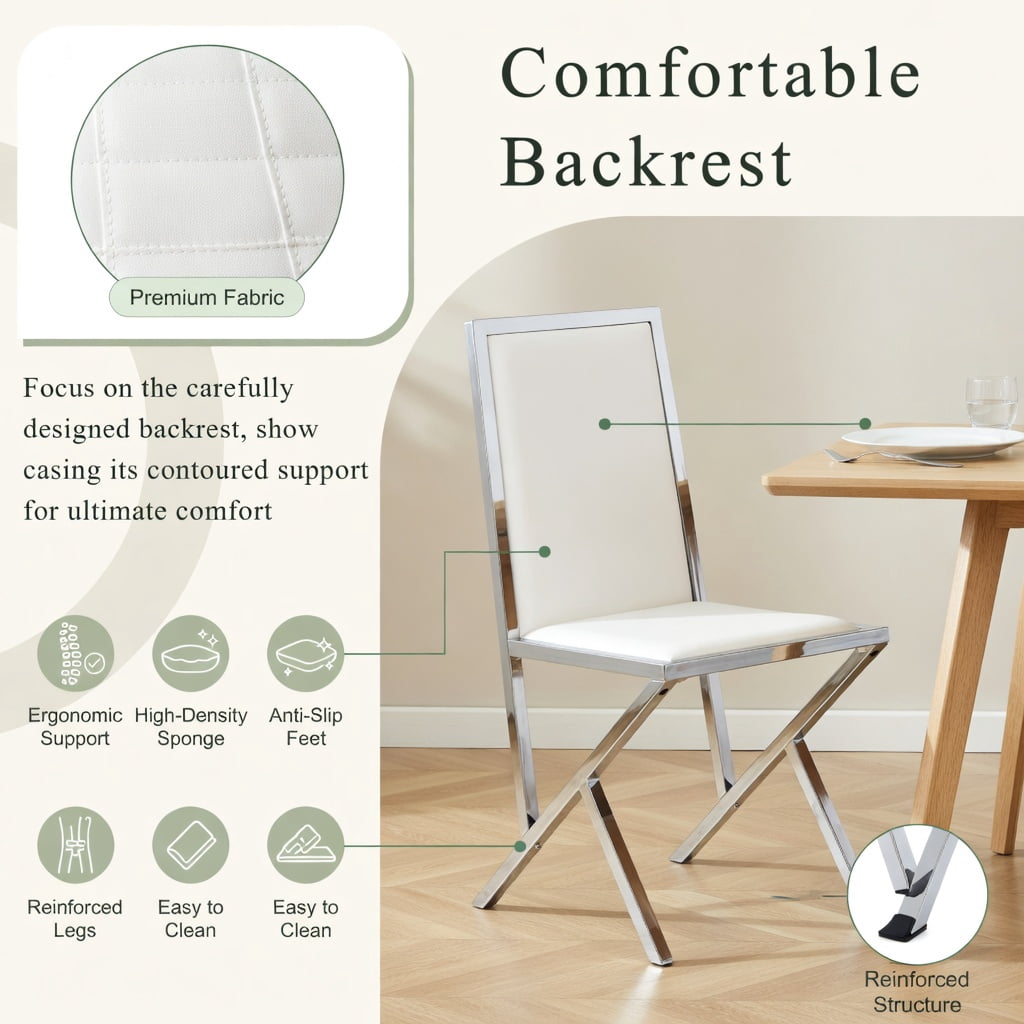 Hommoo 2-Pack Modern PU Leather Dining Chairs with Metal Frame, Ergonomic Design, Easy Assembly & Anti-Slip Adjustable Feet, White & Sliver