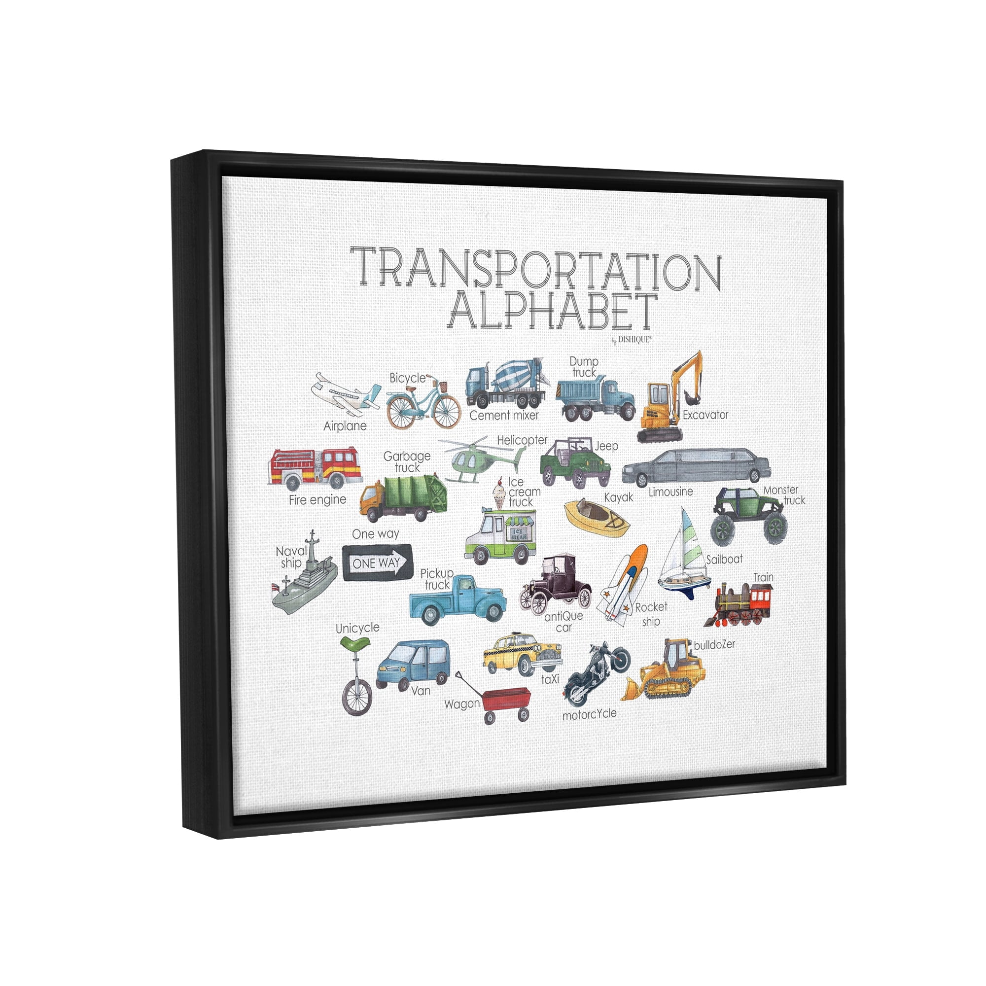 Stupell Industries Educational Transportation Alphabet Kids Learning Vehicles Cars Graphic Art Jet Black Floating Framed Canvas Print Wall Art, Design by Dishique