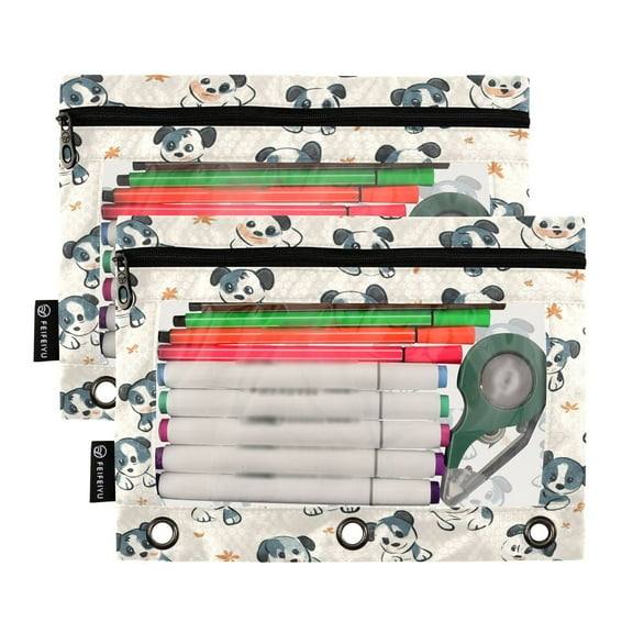 Ckdifva Doodle Puppys Pencil Pouch 3 Ring Zipper Pencil Case Binder Pockets Clear Top Cosmetic Bag 2 Pack