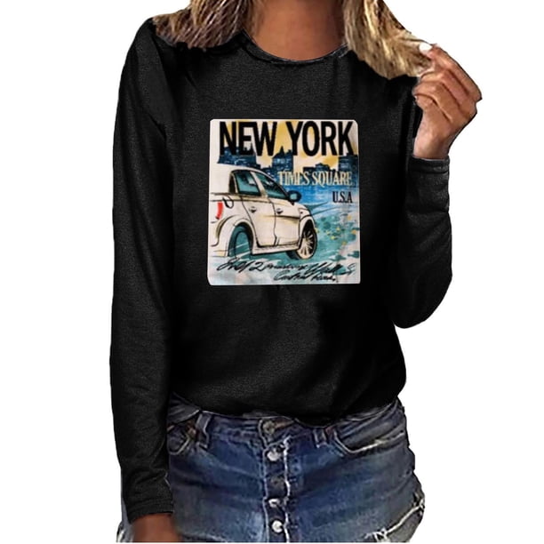 Blusa de manga larga con cuello redondo suelta informal con estampado de coche para mujer Fridja hj2500
