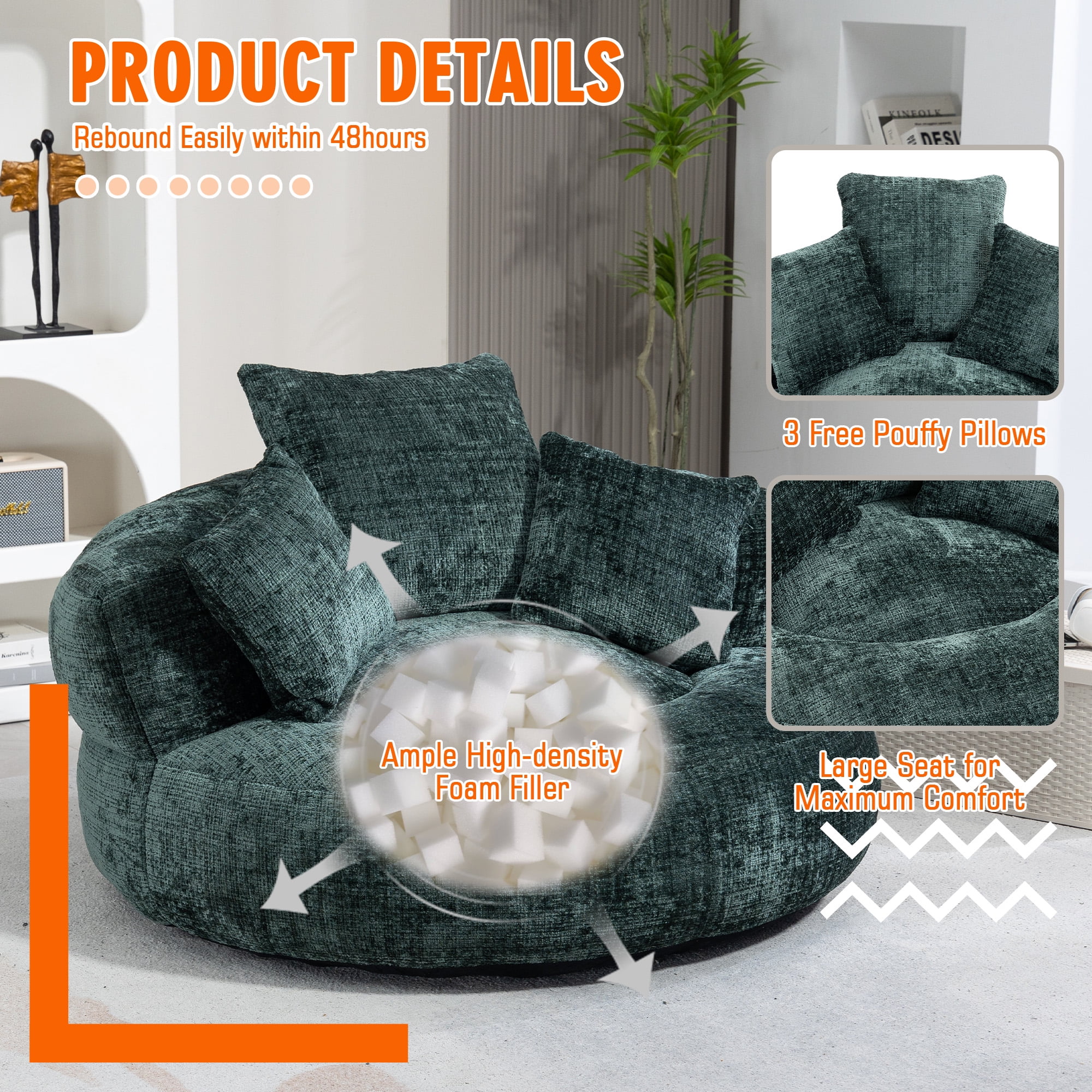 MOONMISS Chenille Upholstered Durable Comfort Lounger Bean Bag Lazy Sofa with Three Pillows-Emerald