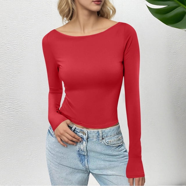 VgaVtl T-Shirts Grande Taille pour Femmes à Manches Longues Automne Hiver Haut pour Femmes Camisoles Ajustées Basiques Décontractées Couleur Unie Chemises Rouges,m