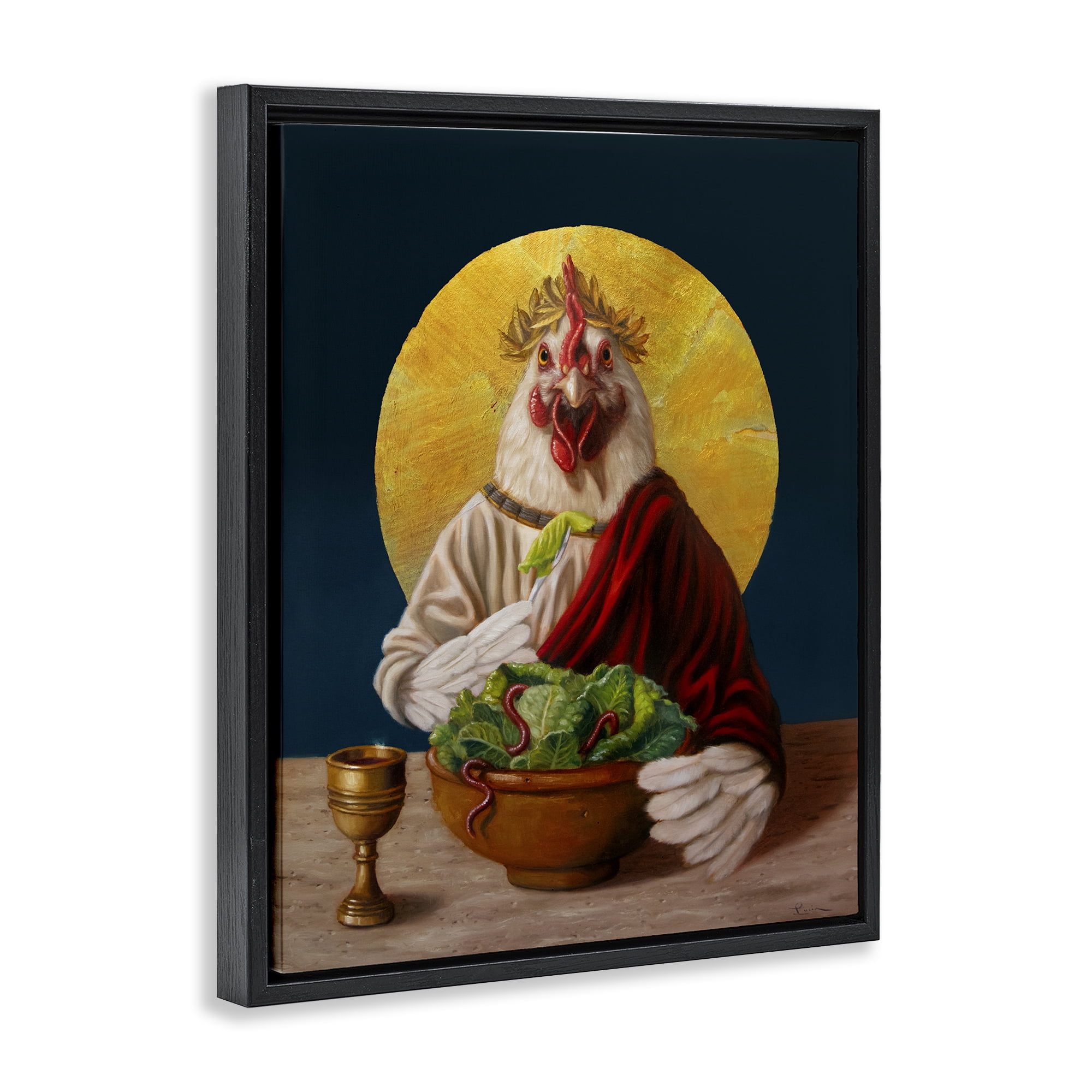 Stupell Industries Classic Hen with Meal Novelty & Humor Painting Black Floater Framed Canvas Art Print Wall Art, 17 x 21