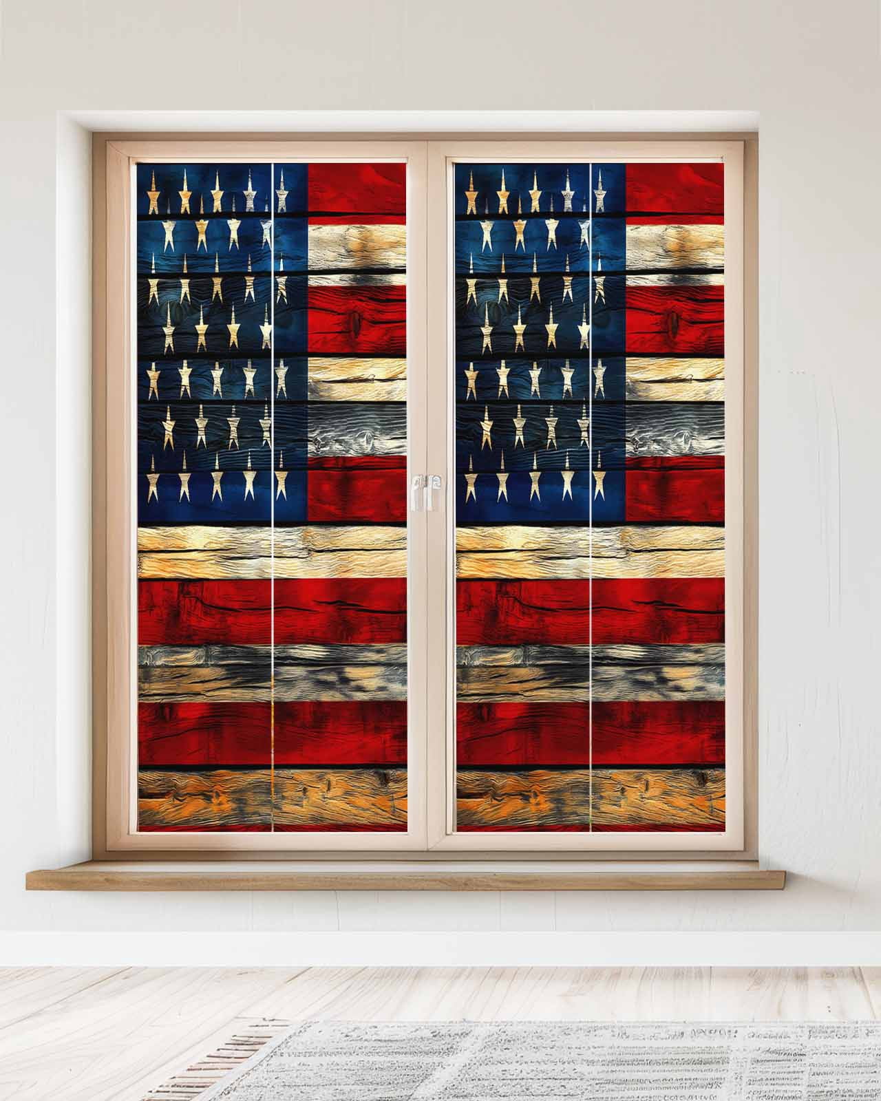 Window Privacy Film Retro American Flag Stained Glass Window Film Decorative Sun Block Window Cover Blue Red USA Flag Vintage Wood Window Clings Static Adhesive Sticker for Bathroom 23.6"x59"