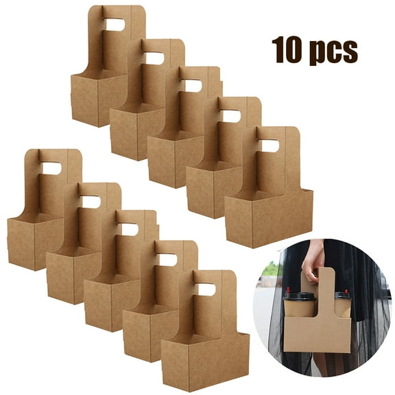 TTake-out Kraft Paper Cup Holder Clip Disposable Coffee Drink Tray Base with Handle for 2 cup Party Supplies 10pcs