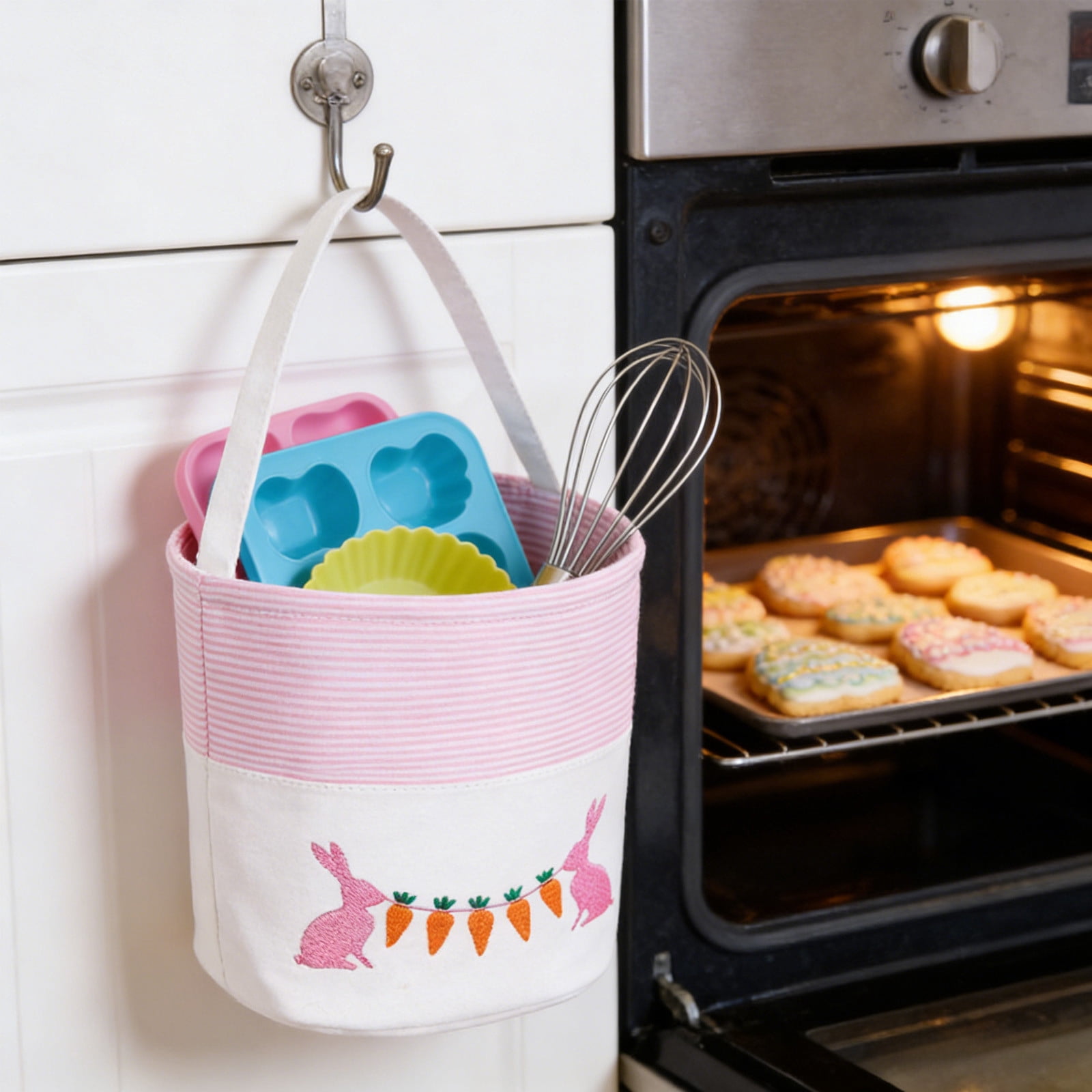 REZUOFI 2 Pcs Easter Bunny Handheld Basket with Embroidered Design for Party Favors Candy Storage and Home Decor Tote Bag for Spring Celebrations