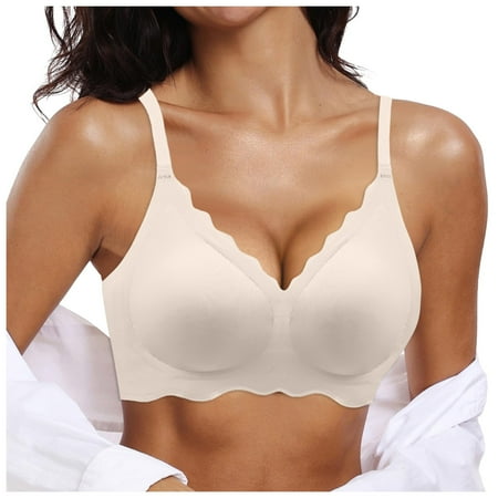 PEASKJP Womens Bras Womens Comfortable Wireless Bras Push Up Seamless Bralettes Soft V Neck Brassiere Scalloped Full Coverage Everyday Bra (White S)