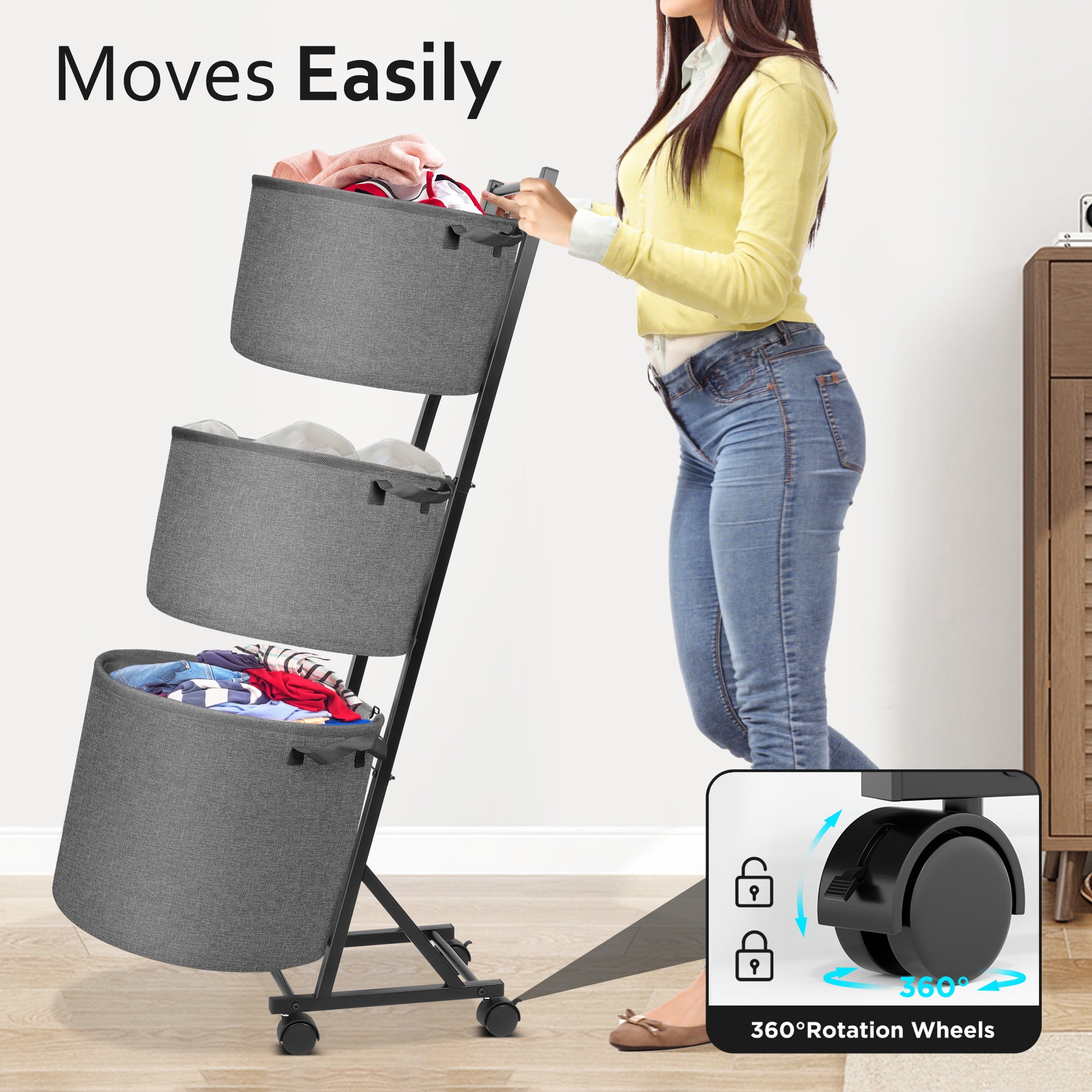 YOUPINS 3-Tier Laundry Hamper Sorter,Laundry Storage Organizer with Wheels Removable Rolling Laundry Baskets for Home,Bathroom,Dorm Laundry Room,Gray