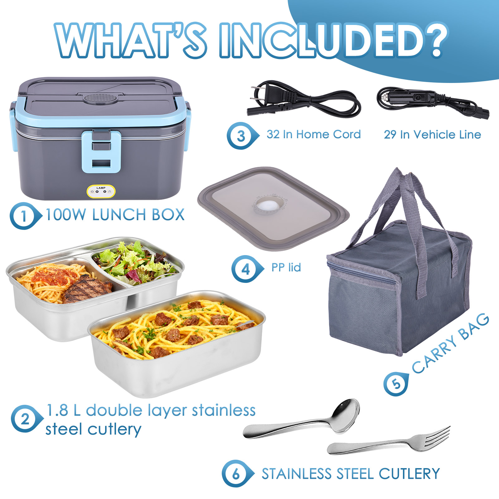 Electric Lunch Box Food Heater for Work, 100W Heated Lunch Box for Adults, Portable Food Warmer with 2 Packs Stainless Steel Containers for Car, Office, School with Carry Bag 12V-24V 110V