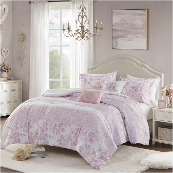 JERFIT Floral Paisley Comforter Set Queen Size, Pink Bedding Set with 2 Pillow Shams & Decorative Throw Pillows, Microfiber Hypoallergenic