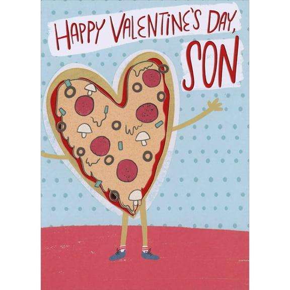Designer Greetings Heart Shaped Pizza with Outstretched Arms on Blue Polka Dots Juvenile Valentine's Day Card for Son