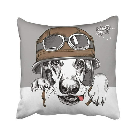 Funny Dog Figurines ARTJIA White Motorcycle Portrait Of Funny Dog In Retro Brown Motorcyclist Helmet Antique Animal Pillowcase 16x16 inch ()