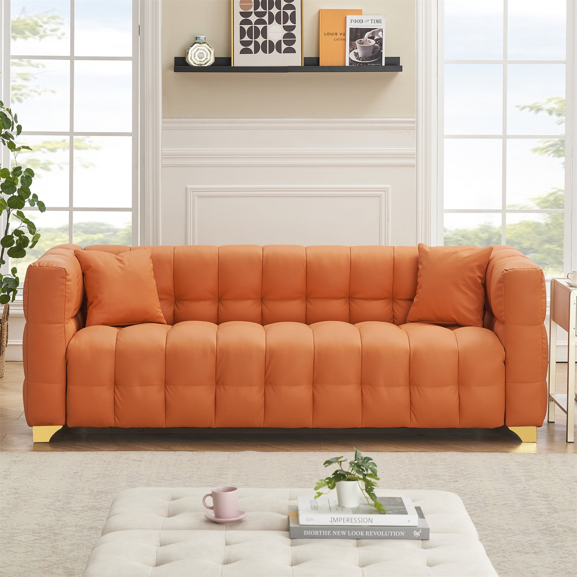 Aukfa 80 inch Modern Comfy Sofa Deep Tufted Couch for Living Room 2 Pillows Leathaire Orange