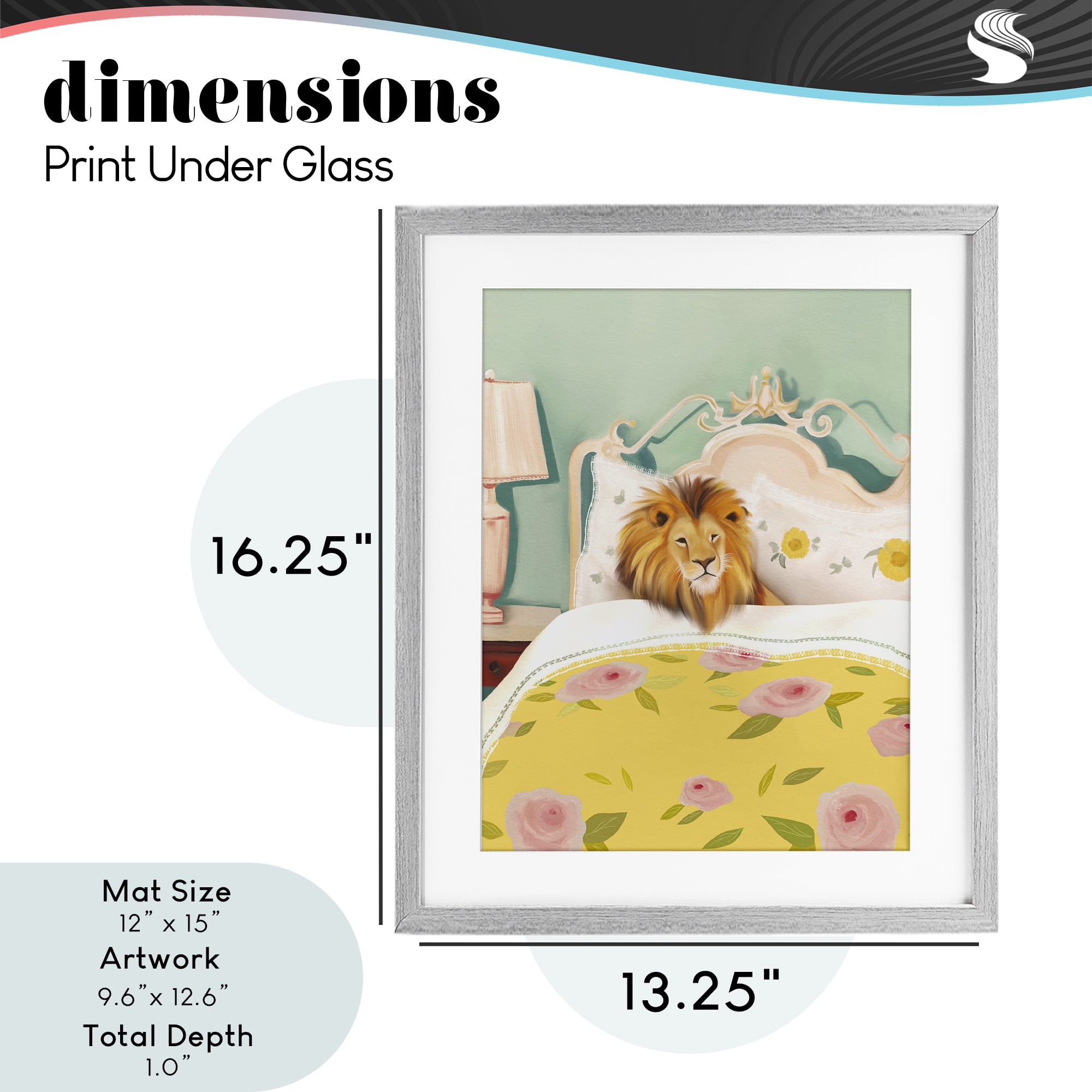 Good Morning Lion in Bed Gray Framed Print Under Glass, design by Leah Straatsma