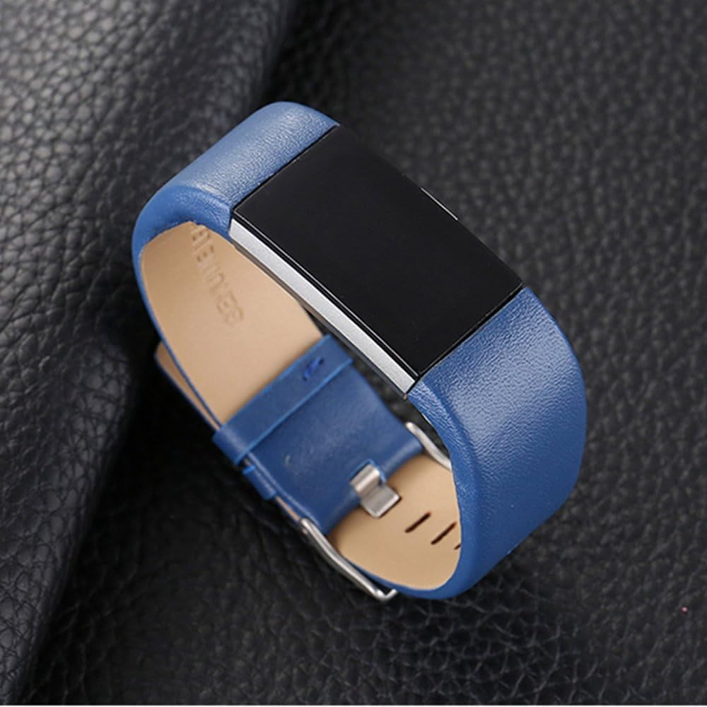 KOMI Leather Replacement Compatible With Fitbit Charge 2 Bands - Charge2 Genuine Leather Wristband Replacement Accessory Bracelet Metal Band Compatible With Fitbit Charge 2 (Blue)