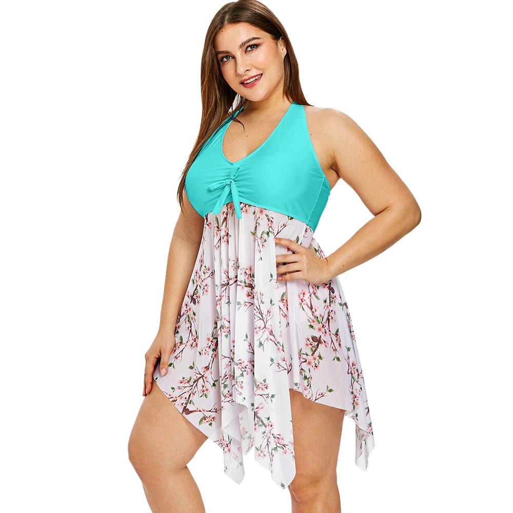 BoyNewYork Womens Plus Size Sexy V Neck Halter Floral Print Long Flowy Tankini Top Swimsuit