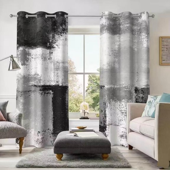 2 Panels Black Grey Abstract Blackout Curtain for Bedroom,Modern Art Grommet Drapes for Living Room,52x84 Inch