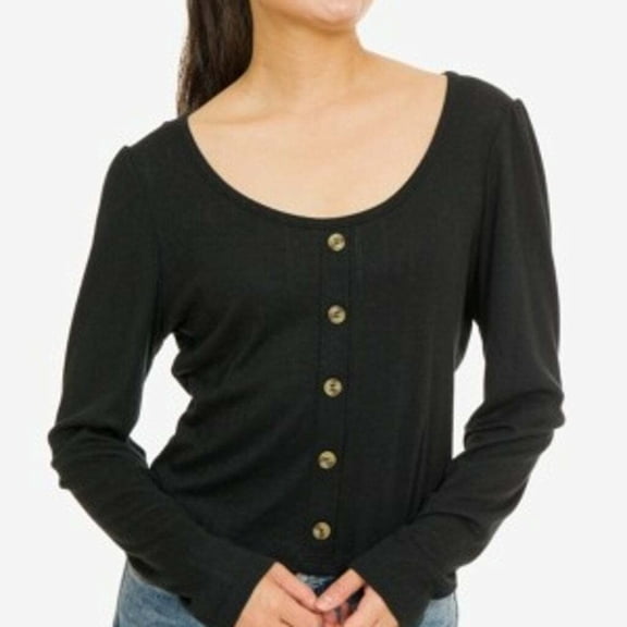 Hippie Rose Juniors' Pointelle-Knit Button-Trimmed Top- Black X-Small 0
