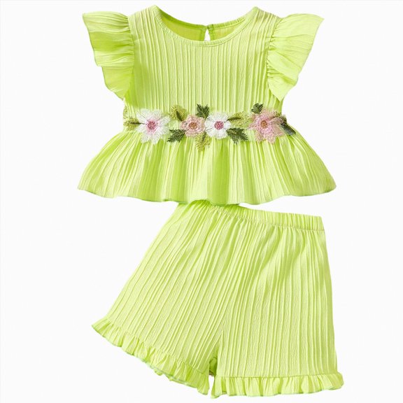 Splozh Baby Girl Summer Outfits Toddler Baby Girl Clothes Outfits Summer Ruffle Flower T Shirt Shorts Set Clothes for Girls 6-7 Years,Green