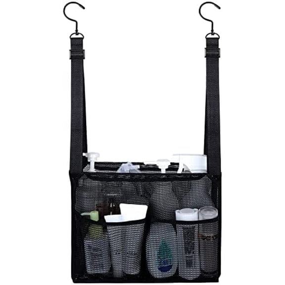 4 Storage Pockets Adjustable Hanging Mesh Bathroom Bag, Shower Caddy College with Hooks, Applied to College Dorm Rooms, Gym, Swimming and RV Travel (Black)