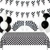 Checkered Race Car Party Supplies Include Checkered Race Banner, Table Cover Tablecloth, Black and White Balloons for Checkered Racing Party, Kid's Birthdays Party Decorations