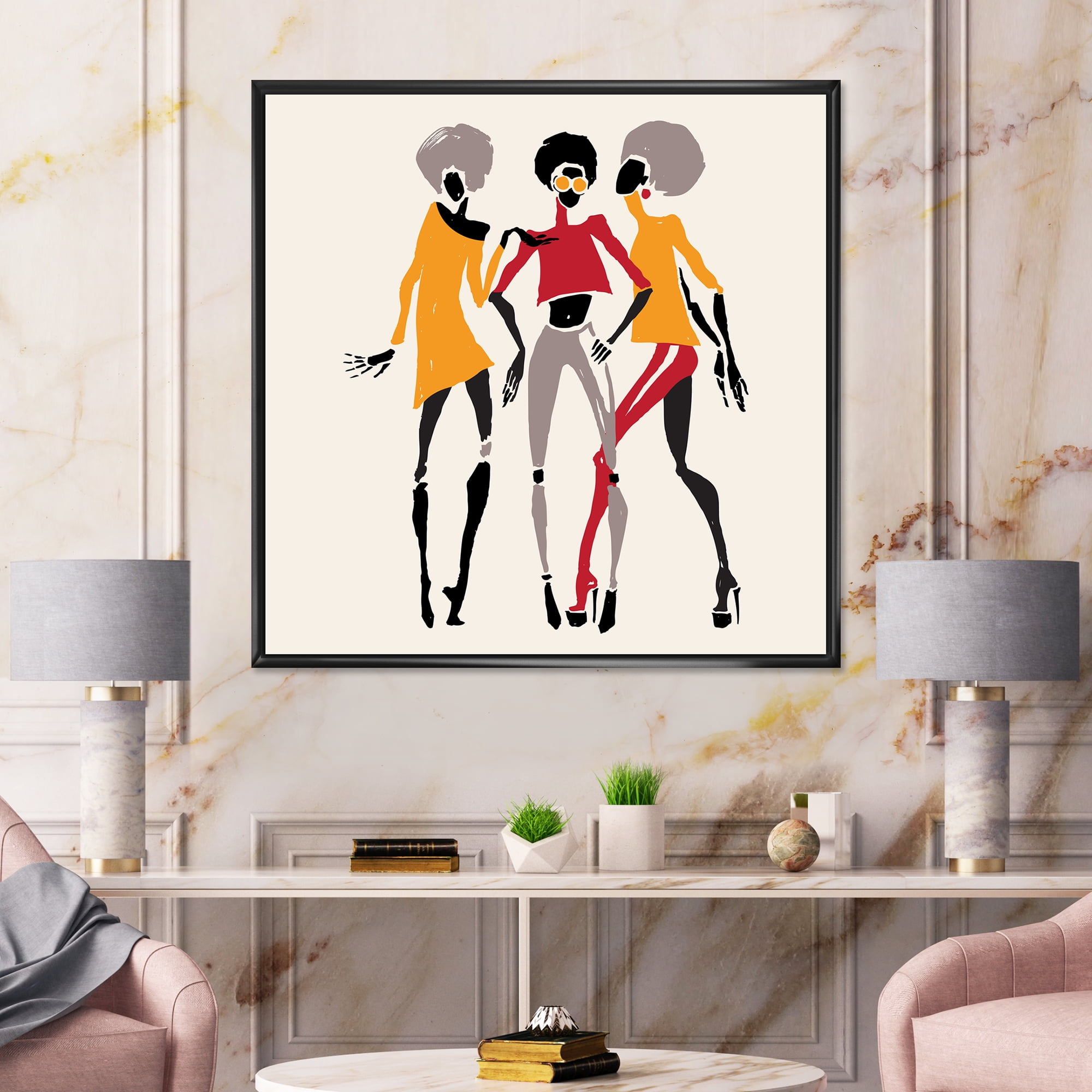 Designart 'African American Women Silhouettes Red and Yellow II' Modern Framed Canvas Wall Art Print