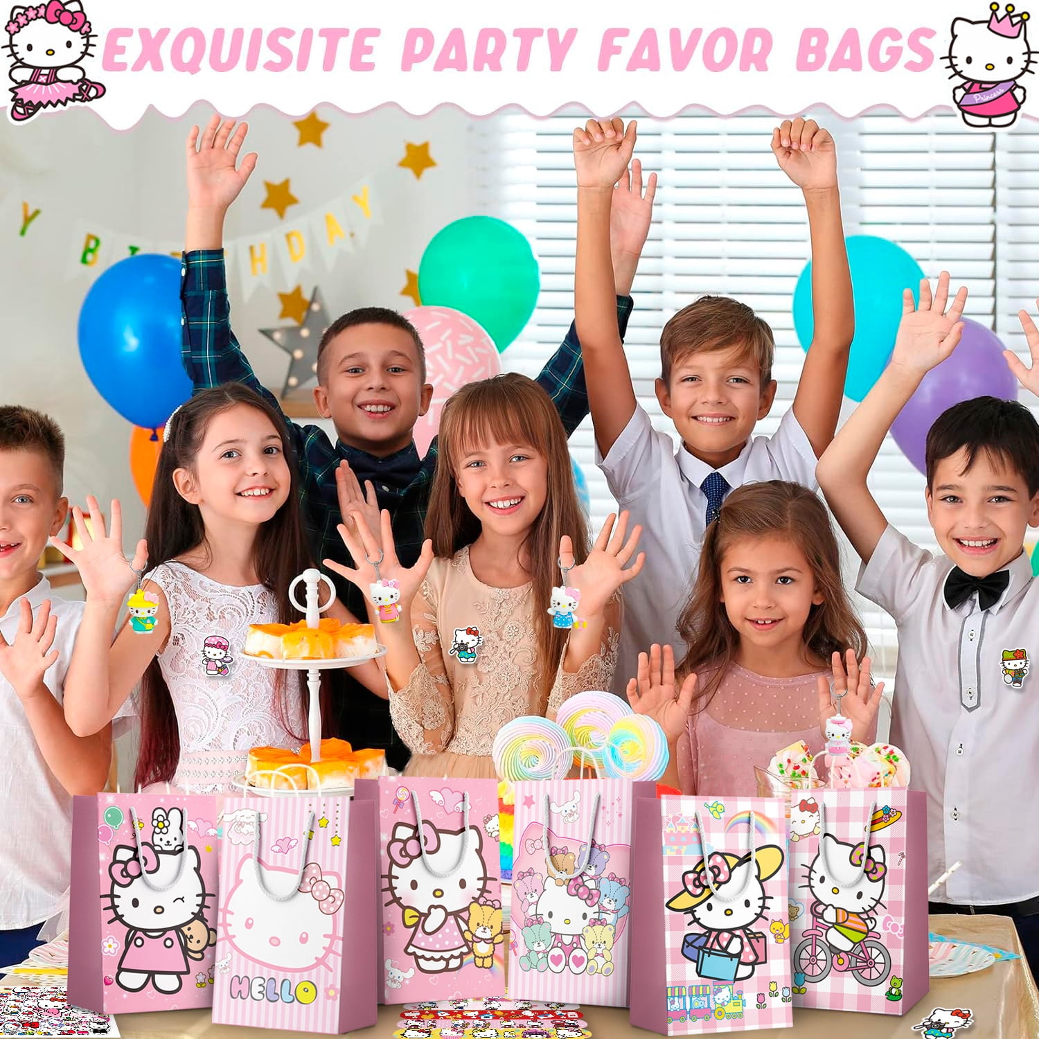 Hello Kitty Party Favors, 110 pcs All-in-One Hello Kitty Birthday Party Favors Set, Including Hello Kitty Party Favor Bags, Stickers, Bracelets Other Hello Kitty Party Favors for Party Supplies