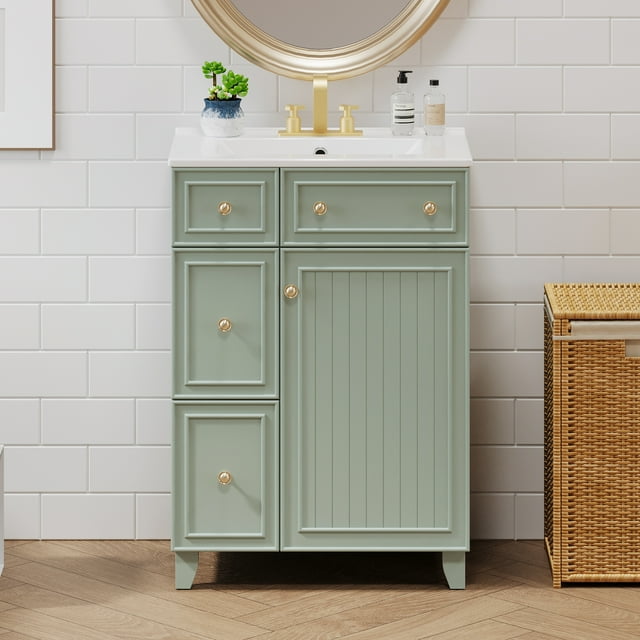 24" Bathroom Vanity Cabinet with Ceramic Sink, 2 Drawers, 1 Door,Green