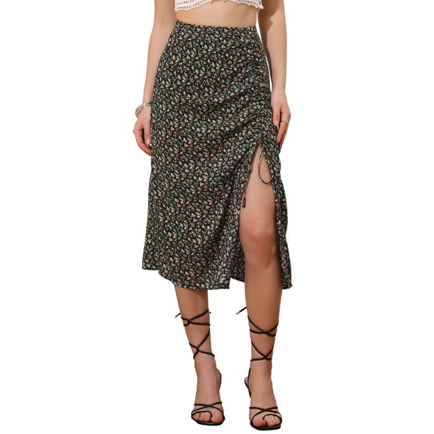 Faldas hawaianas para mujeres INSPIRE CHIC 2024, falda tropical con fruncido frontal y abertura, verano en la playa, talla XS, negra