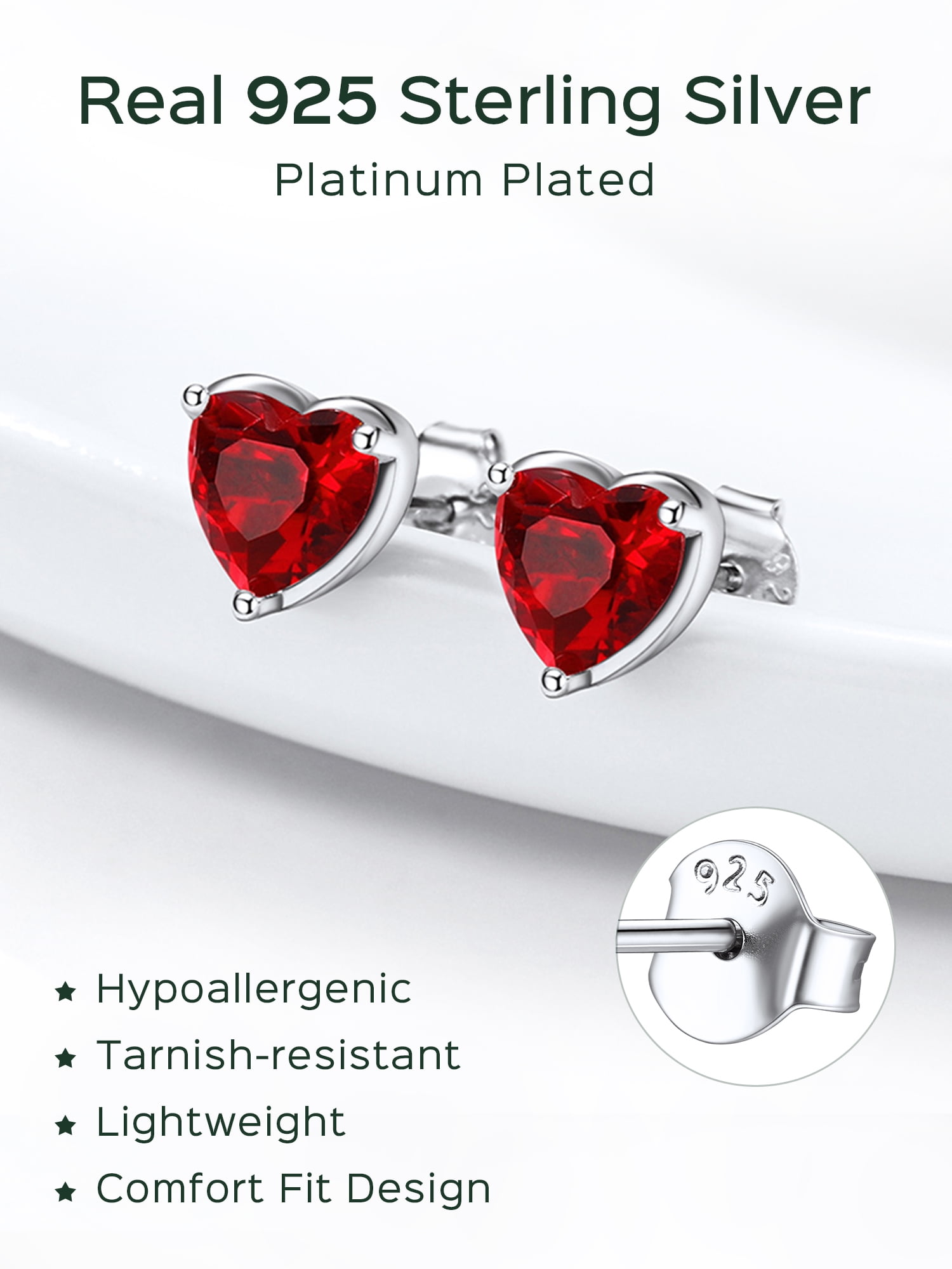 ChicSilver Solid 925 Sterling Silver Red Stud Earrings Heart Created Garnet Earrings for Women January Birthstone Jewelry Birthday Christmas Anniversary Gift for Her Wife Mom