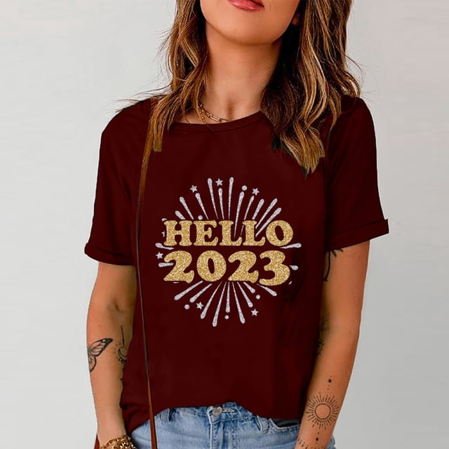 ICHUANYI Clearance Women's Fashion Summer Round Neck Leisure Short Sleeve New Year Printing Tops(Wine, XXL) ICHUANYI WER2023081501722