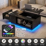 Lift-Top Coffee Table with Wireless Charging, Bluetooth Speaker, USB Ports & LED Lights, Black