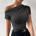 thumbnail image 3 of Women One Shoulder Ruched Short Sleeve T Shirt Summer Fashion Casual Solid Color Slim Fit Tee Top Streetwear, 3 of 6