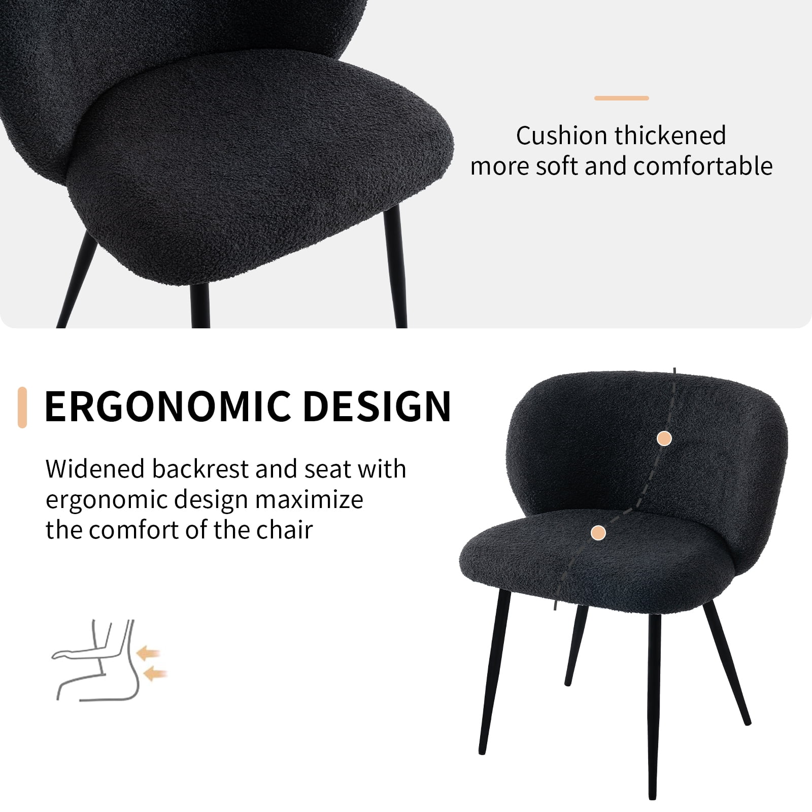 Rongbuk Modern Teddy Dining Chairs Set of 2, Comfy Kitchen Armless Chairs with Thick Cushions, Wingback Chair, Upholstered Dining Room Chairs with Metal Legs for Dining Room, Living Room, Black