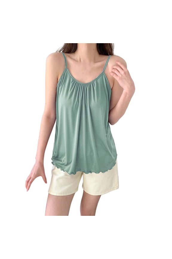 Womens Satin-Like Round Neck Cami Top Silky Loose Fit Sleep Vest, Soft Pajama Shell Top for Women Green L