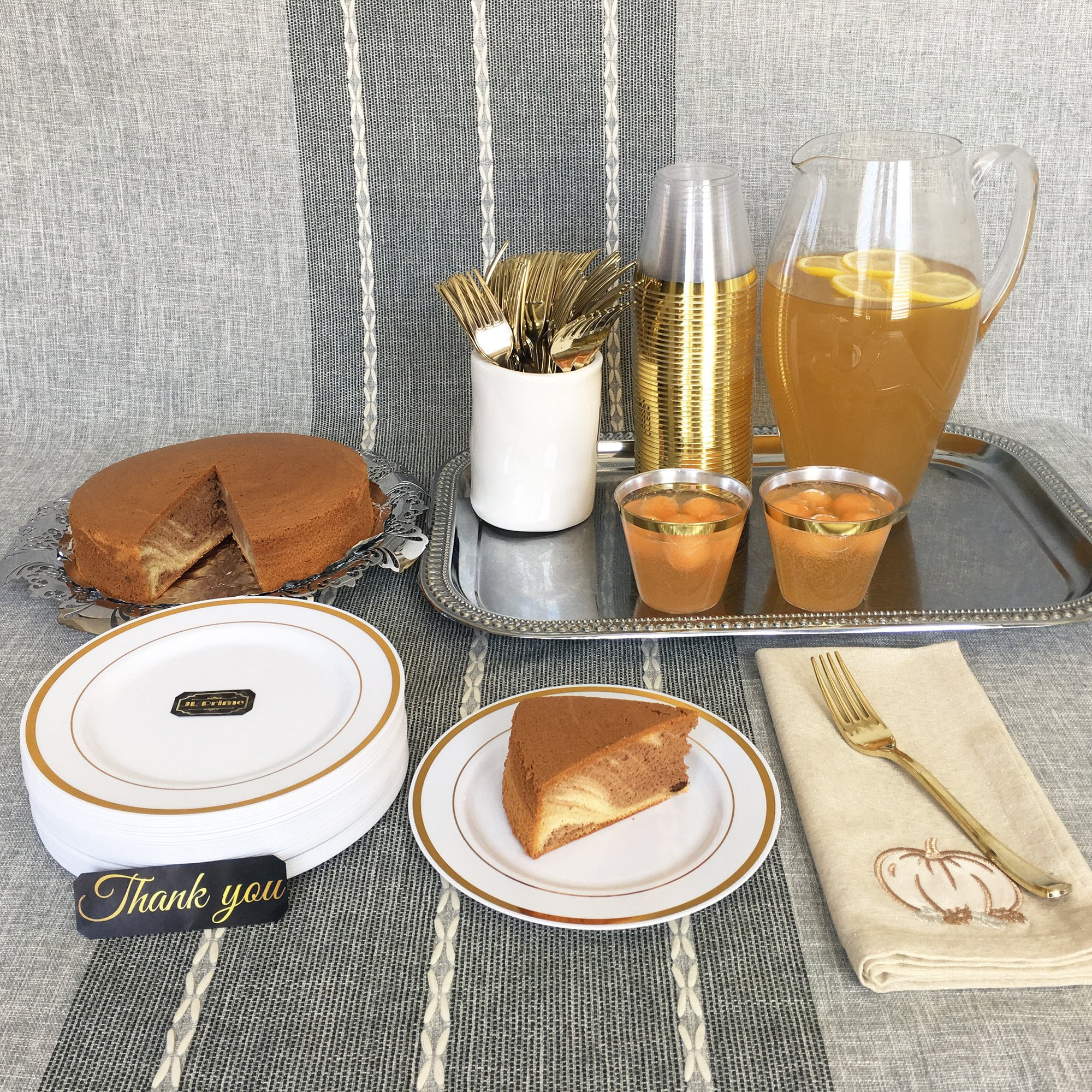 125 Piece Gold Plastic Plates & Cutlery Set - Reusable & Recyclable - Gold Rim Plates & Silverware for Weddings, Anniversaries, Parties, Showers- Dinner Plates, Salad Plates, Utensils, 25 Each