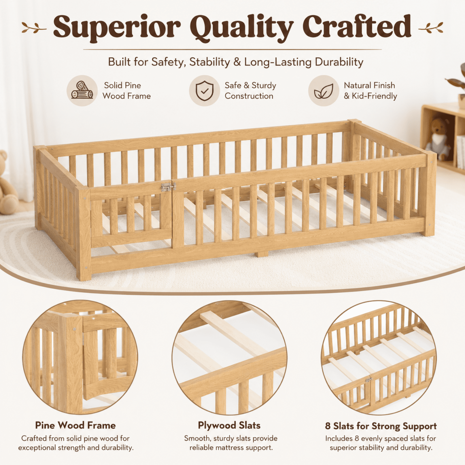 Miniyam Twin Floor Bed for Kids – Low Profile Wood Bed Frame with Rails, Natural
