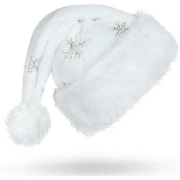 Santa Hat for Adults,White Christmas Hat with Snowflake Fur Plush Xmas Hat for Christmas Holiday Party Decoration
