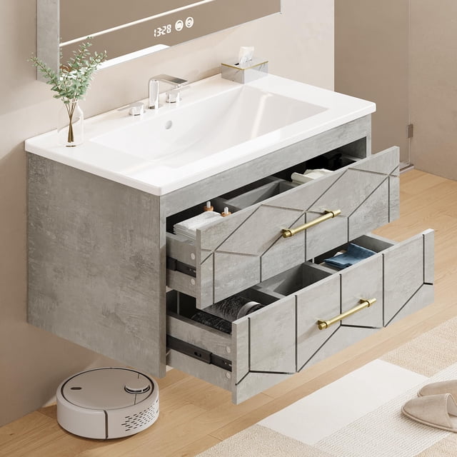 Yeshouse Mueble de baño de 76 cm con lavabo, mueble flotante con lavabo de cerámica, 2 cajones grandes con tirador dorado, mueble de baño moderno de pared con lavabo